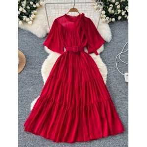 Summer women's new French retro elegant design with lace up round neck flared sleeves, cinched waist for slimming chiffon dress