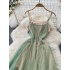 French gentle style atmosphere, mesh fairy dress, summer suspender, waist cinching, slimming, pleating, big swing, fluffy dress