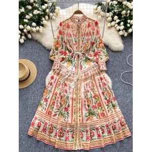 Palace style French high-end round neck lantern long sleeved single breasted printed chiffon dress for women with suspender long skirt