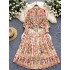 Palace style French high-end round neck lantern long sleeved single breasted printed chiffon dress for women with suspender long skirt