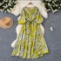 French retro fashion printed dress for women with loose straps, waist cinching and slimming effect, A-line large swing, hanging feeling, long skirt