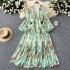 High waisted dress for women in early autumn, new French retro V-neck lantern sleeves, slimming temperament, ruffled floral long skirt