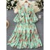 High waisted dress for women in early autumn, new French retro V-neck lantern sleeves, slimming temperament, ruffled floral long skirt