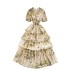 High end wood ear V-neck bubble sleeve dress for women with slimming temperament, cinched waist, ruffled edges, floral chiffon long skirt