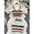 Beach vacation set for women, retro color blocked V-neck short knitted camisole vest+tight fitting hip hugging skirt