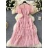 Sweet heavy industry nail bead studded diamond round neck bubble sleeve waist cinching slimming temperament sequin sparkling fluffy mesh dress