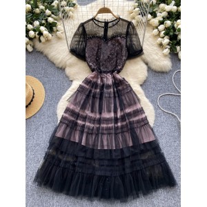 French high-end small dress, female socialite, heavy industry, diamond inlaid, transparent mesh splicing, fluffy cake dress, dress