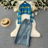 Korean style college style set, women's sweet and cool versatile short zipper lapel knit top+split denim skirt