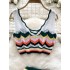 Beach vacation set for women, retro color blocked V-neck short knitted camisole vest+tight fitting hip hugging skirt