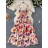 Light luxury and elegant dress for women, niche and high-end, with a cinched waist and slimming effect, fashionable printed suspender, large swing, vacation long skirt