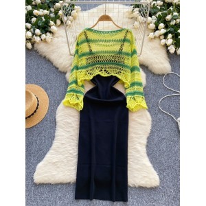 Gentle style set of women's Korean hollowed out striped long sleeved knitted top and camisole dress two-piece set