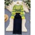 Gentle style set of women's Korean hollowed out striped long sleeved knitted top and camisole dress two-piece set