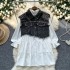 Korean style fashionable versatile white long sleeved shirt+design sense nail bead irregular tassel denim vest two-piece set