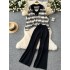 Autumn and winter new lazy style Korean version contrasting suit collar striped knitted sweater top two-piece set high waist wide leg pants