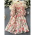 Fairy style vacation dress, niche European and American three-dimensional flower long sleeved round neck cinched waist lace up printed large swing long skirt