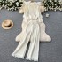 French retro vintage tassel set women's round neck knitted loose fit slimming sweater+high waist slimming wide leg pants