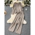 New autumn and winter knitted sweater set for women, V-neck loose fitting pullover top, lazy style, loose and versatile wide leg pants