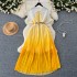 French high-end bow tie tied short sleeved waist cinched pleated dress for women to look slim and have a gradient color chiffon skirt