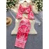 Goddess style two-piece set, niche European and American sexy hollow neck hanging lantern long sleeved crop top+skirt