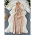 Summer Women's New Commuting Sister Sexy Hollow out Metal Circle Hanging Neck Folded Waist Split Satin Dress