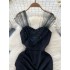 Sexy sequin mesh patchwork camisole dress for women in summer, with pleats and waist cinching to show off weight, irregular little black skirt