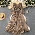 French gentle style V-neck flared sleeve tied waist, big swing ruffle edge dress, women's drape feeling, slimming long skirt