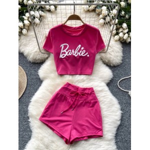 European and American spicy girl style English letter short sleeved crop top round neck T-shirt+high waist slimming wide leg shorts set for women in summer