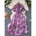 French retro mushroom border polo collar with bubble sleeves, cinched waist to show slimming temperament, floral chiffon pleated dress for summer wear