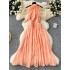 Vacation style atmosphere dress, female sexy deep V-neck hanging neck tie, pleated waist, slimming look, big swing chiffon skirt