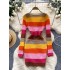 Early Autumn New Rainbow Stripe Splicing Knitted Dress for Women, with a Girlfriend Style, cinched waist and slimming effect, single breasted short skirt