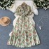 French retro mushroom border polo collar with bubble sleeves, cinched waist to show slimming temperament, floral chiffon pleated dress for summer wear