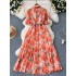 French retro mushroom border polo collar with bubble sleeves, cinched waist to show slimming temperament, floral chiffon pleated dress for summer wear