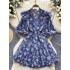 2024 summer new French style design, niche and slimming, V-neck lantern sleeves embroidered and printed waist cinching dress for women