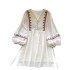 Bohemian vacation dress for female niche retro heavy embroidery V-neck lantern sleeves loose waist A-line short skirt