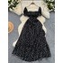 French Hepburn style dress with women's summer design sense, lace patchwork square neck, bubble sleeves, ruffle edge floral long skirt