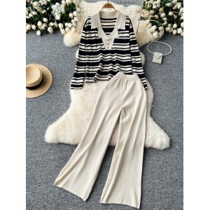 Autumn and winter new lazy style Korean version contrasting suit collar striped knitted sweater top two-piece set high waist wide leg pants