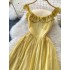 Sweet and gentle fairy dress 2024 new one shoulder wooden ear cinched waist slimming A-line ruffled edge dress