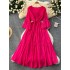 French gentle style V-neck flared sleeve tied waist, big swing ruffle edge dress, women's drape feeling, slimming long skirt