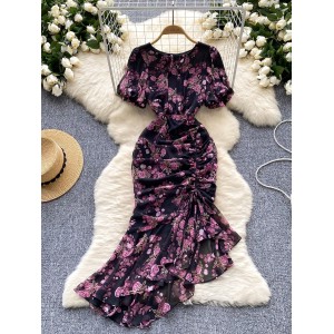 French romantic atmosphere floral dress, women's summer bubble sleeves, irregular design, niche light luxury fish tail long skirt