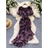 French romantic atmosphere floral dress, women's summer bubble sleeves, irregular design, niche light luxury fish tail long skirt