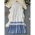 Lazy style simple dress for women with a slim and stylish design. Color blocked loose A-line mid length pleated shirt skirt