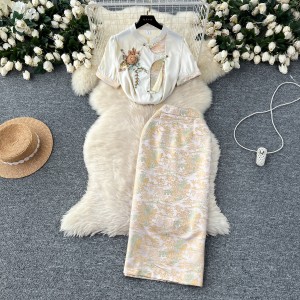 New Chinese style women's high-end retro embroidery design satin top high waisted fashionable jacquard skirt set