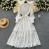 French high-end retro lace patchwork pearl single breasted dress with slim temperament and stand up collar lantern sleeves, large swing dress