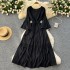 French gentle style V-neck flared sleeve tied waist, big swing ruffle edge dress, women's drape feeling, slimming long skirt