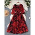 French retro fashion printed dress for women with loose straps, waist cinching and slimming effect, A-line large swing, hanging feeling, long skirt