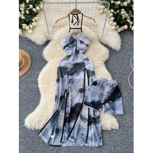 New Chinese style improved retro qipao hanging neck suspender, ink printed split dress+bottom shorts two-piece set