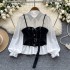 Light luxury French style high-end temperament set women's Polo collar lantern sleeve shirt+diamond studded waist strap vest