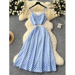 Sweet Forest style set for women's summer vacation, consisting of two spliced camisole tops and a high waist slimming plaid skirt