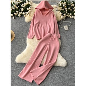 Western style anti-aging suit for women, autumn and winter lazy style versatile hooded knitted sweater, loose high waisted wide leg pants