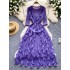 European and American style women's dress with high-end temperament and design sense. Lotus leaf edge splicing, round neck, pressed pleats, and hanging feeling. Long skirt